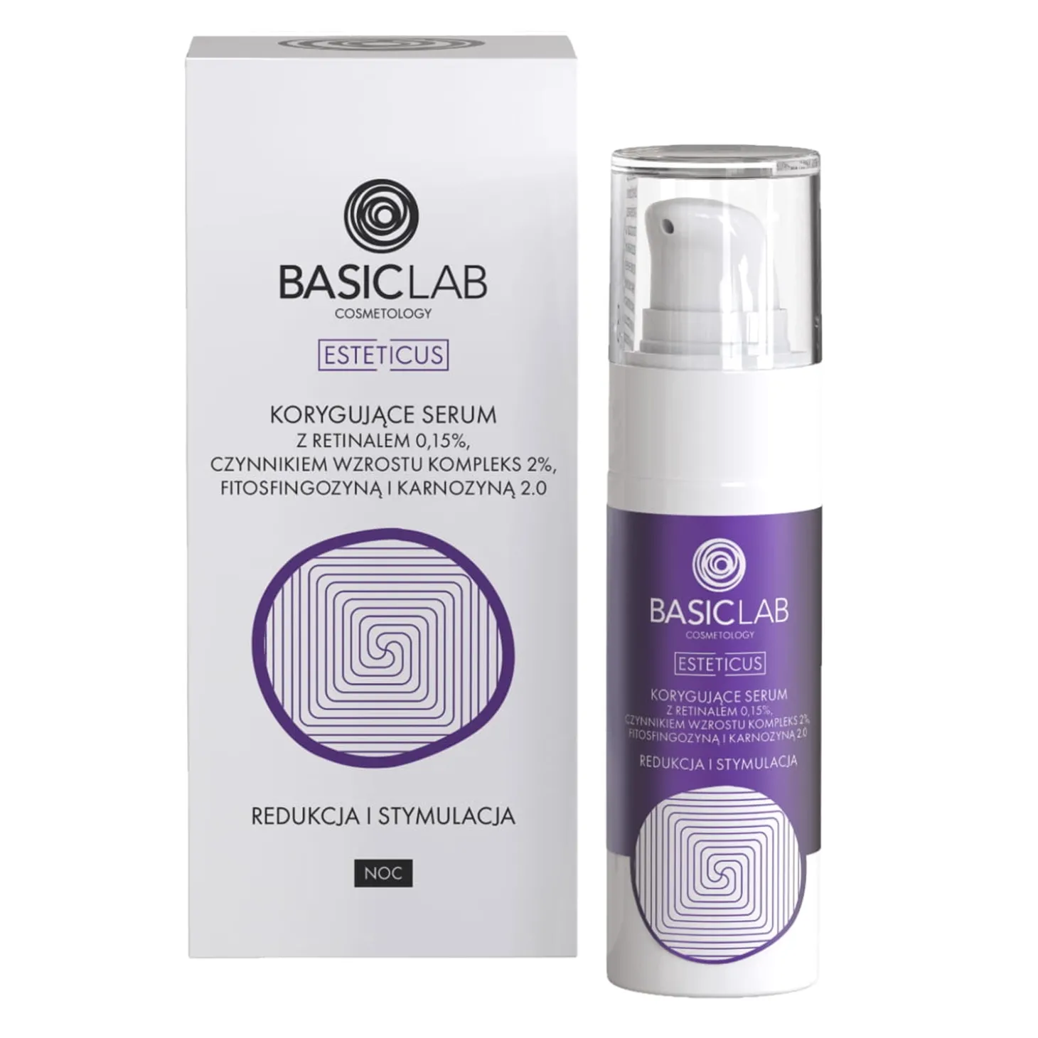 BasicLab - Redukcja i Stymulacja - Korygujące Serum z Retinalem 0,15%, Czynnikiem Wzrostu Kompleks 2%, Fitosfingozyną i Karnozyną 2.0 - 30ml