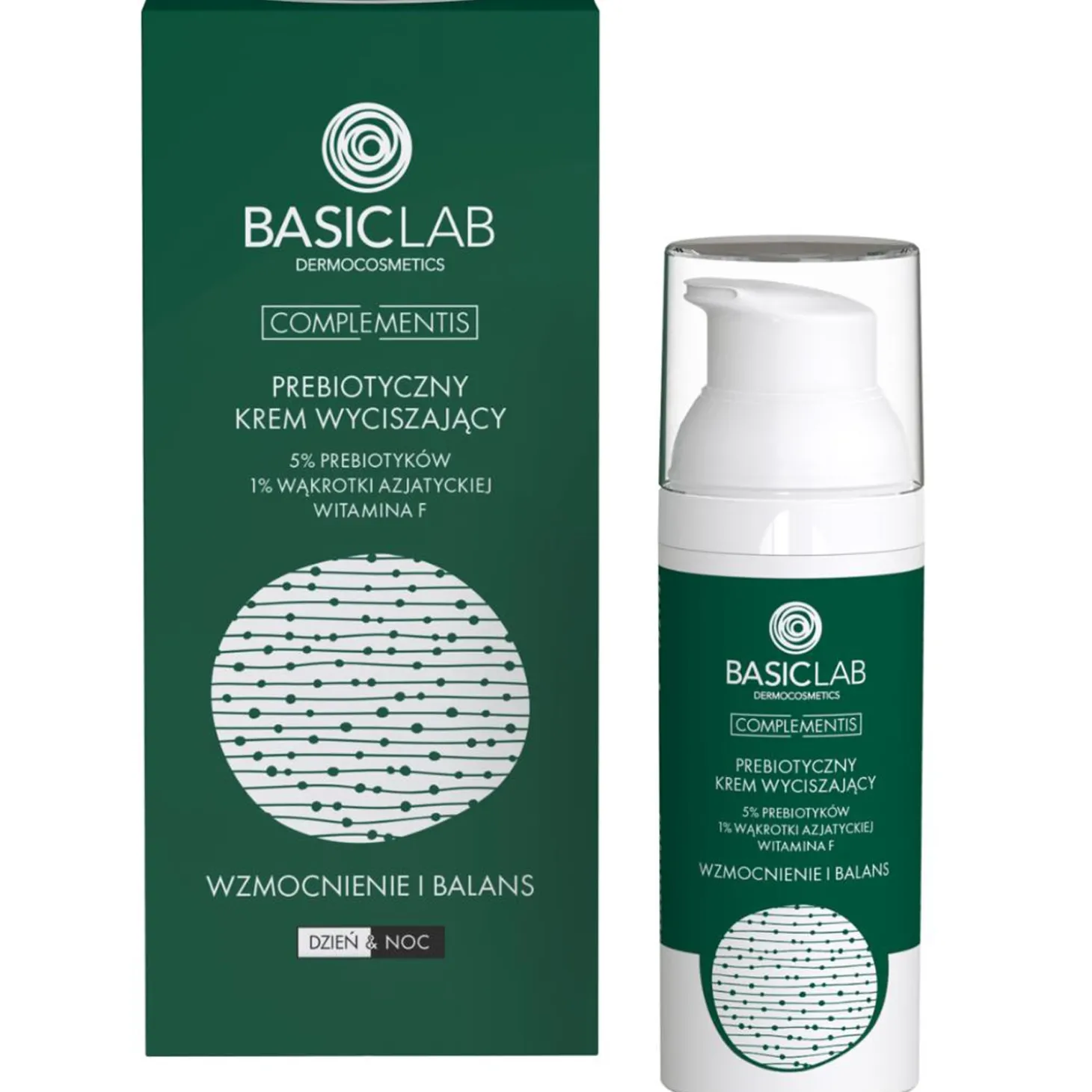 BasicLab - Wzmocnienie i Balans - Prebiotyczny Krem Wyciszający z 5% Prebiotyków, 1% Wąkrotki Azjatyckiej i Witamina F - 50ml